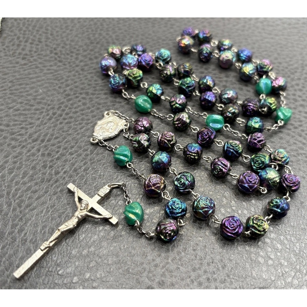 VTG Rosary Necklace Oil Slick Iridescent Rose Floral Beads Crucifix Silver Tone